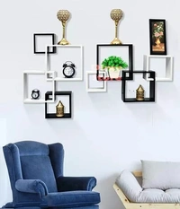 Wooden Floating Wall Mount Shelf for Livingroom , Wall Decoration Shelf for Bedroom , Office Wooden Intersecting Wall Shelves Set of 8 (Black & Red)
