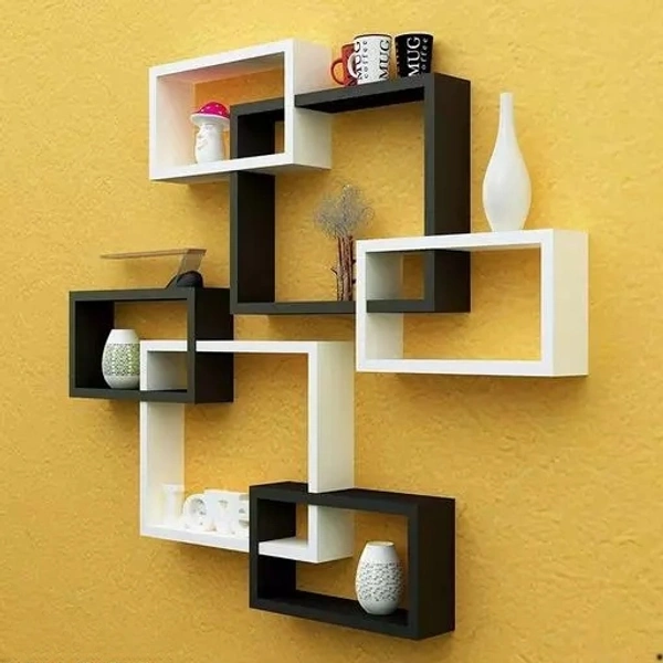 MDF Rectangular Intersecting Wall Mounted Rack Shelf Set of 6 (Black & White, Standard)