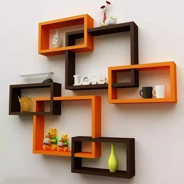 MDF Rectangular Intersecting Wall Mounted Rack Shelf Set of 6 (Orange & Brown, Standard)