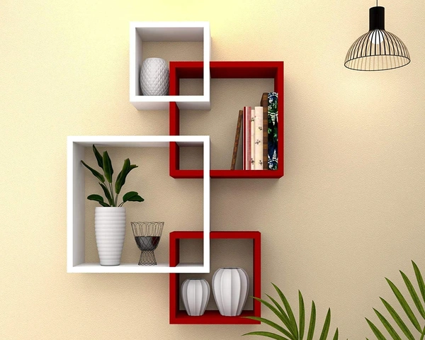 Wooden Intersecting Wall Shelves for Living Room, Bedroom | MDF Floating Wall Mount Shelf/Rack/Stand/Showcase for Home Decor - Wall Hanging Storage Unit, Set of 4 – White and Red