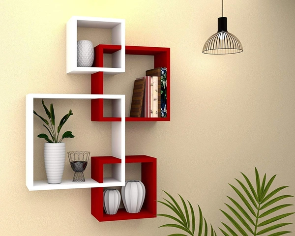 Wooden Intersecting Wall Shelves for Living Room, Bedroom | MDF Floating Wall Mount Shelf/Rack/Stand/Showcase for Home Decor - Wall Hanging Storage Unit, Set of 4 – White and Red
