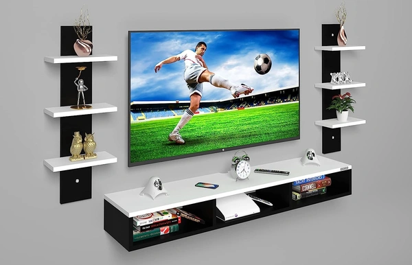 Riano Wall Mount Tv Entertainment Unit/With Set Top Box Stand And Wall Shelf Display Rack For Living Room Black & White (Ideal For Up To 32") Screen(Engineered Wood)