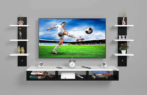 Riano Wall Mount Tv Entertainment Unit/With Set Top Box Stand And Wall Shelf Display Rack For Living Room Black & White (Ideal For Up To 32") Screen(Engineered Wood)