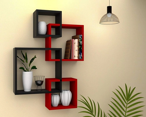 intersecting Floating Wall Shelves, Set of 4 Black -red