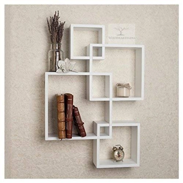 Intersecting Wall Mount Shelf Wall Shelf Set of 4 Floating Shelf Storage Rack Wooden Wall Shelf for Home Decor,Living Room Decor,Office Wall Decor,Gifting Items (Standard, White)