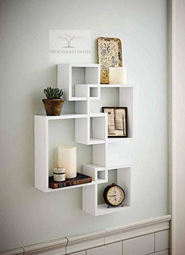 Intersecting Wall Mount Shelf Wall Shelf Set of 4 Floating Shelf Storage Rack Wooden Wall Shelf for Home Decor,Living Room Decor,Office Wall Decor,Gifting Items (Standard, White)