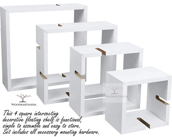 Intersecting Wall Mount Shelf Wall Shelf Set of 4 Floating Shelf Storage Rack Wooden Wall Shelf for Home Decor,Living Room Decor,Office Wall Decor,Gifting Items (Standard, White)