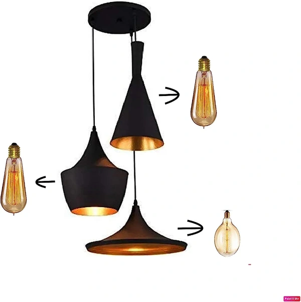 3-Light Industrial Black Finish Metal Shade Hanging Pendant Ceiling Lamp Fixture Tulip Cone Disc (Bulb Included), 60 Watts