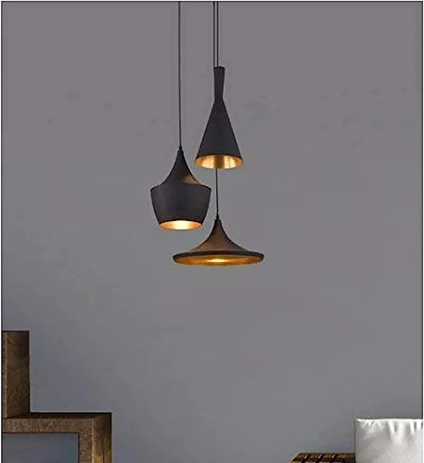  3-Light Industrial Black Finish Metal Shade Hanging Pendant Ceiling Lamp Fixture Tulip Cone Disc (Bulb Included), 60 Watts