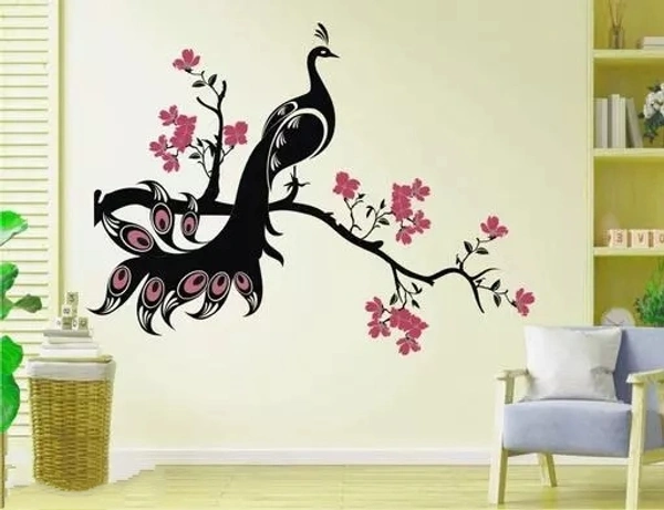 Wall Decoration - Peacock On Tree Branch - Flower - For Bedroom, Living Room ( ideal size on wall: 101 cm x 75 cm ),Multicolour