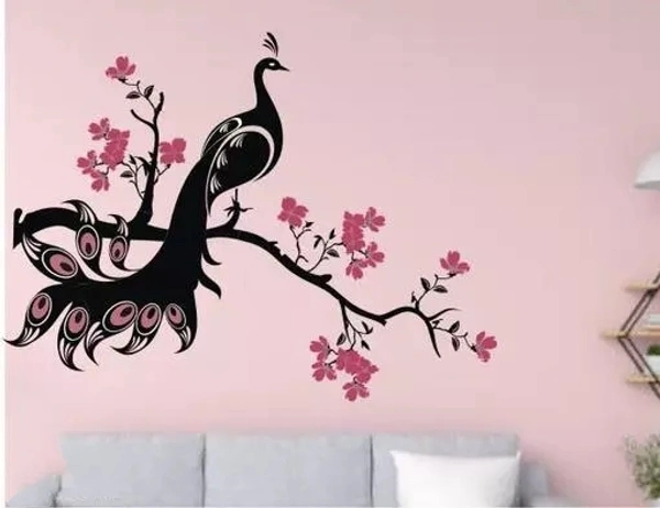 Wall Decoration - Peacock On Tree Branch - Flower - For Bedroom, Living Room ( ideal size on wall: 101 cm x 75 cm ),Multicolour