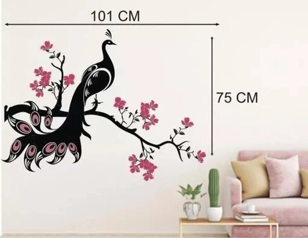 Wall Decoration - Peacock On Tree Branch - Flower - For Bedroom, Living Room ( ideal size on wall: 101 cm x 75 cm ),Multicolour