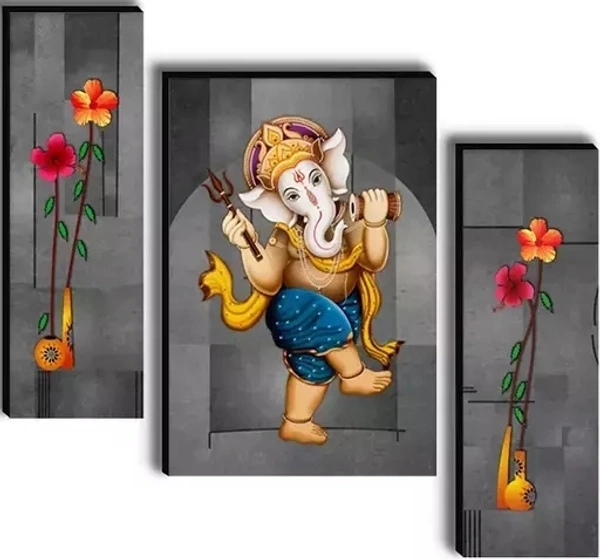 Wallmax Ganesha Set of 3 UV Textured Home Decorated Gift item 6 MM MDF Painting 12 Inch x 18 Inch WAGJM-1007