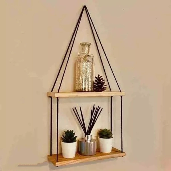  Macrame Wall Shelf, Handmade Boho Decor, Cute 2 Tier Cotton Rope Floating Shelf for Bathroom Bedroom Window