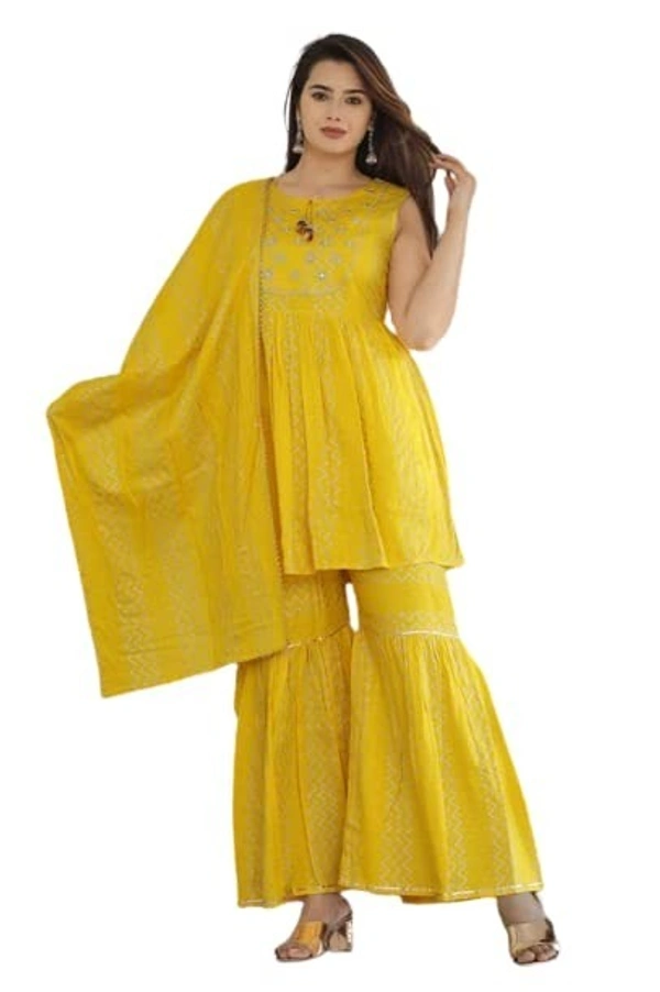 Women's Rayon Anarkali Kurta, Sharara And Dupatta Set (KP-001_Yellow_XL)