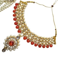 Beautiful Red Long moti necklace with choker, earring, maang tikka