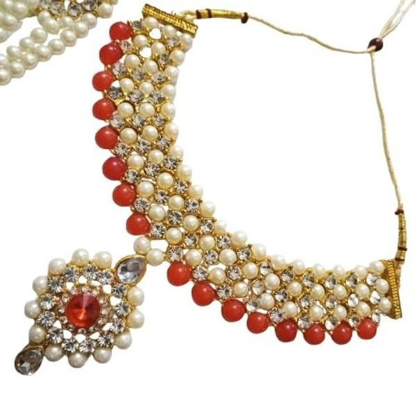 Beautiful Red Long moti necklace with choker, earring, maang tikka