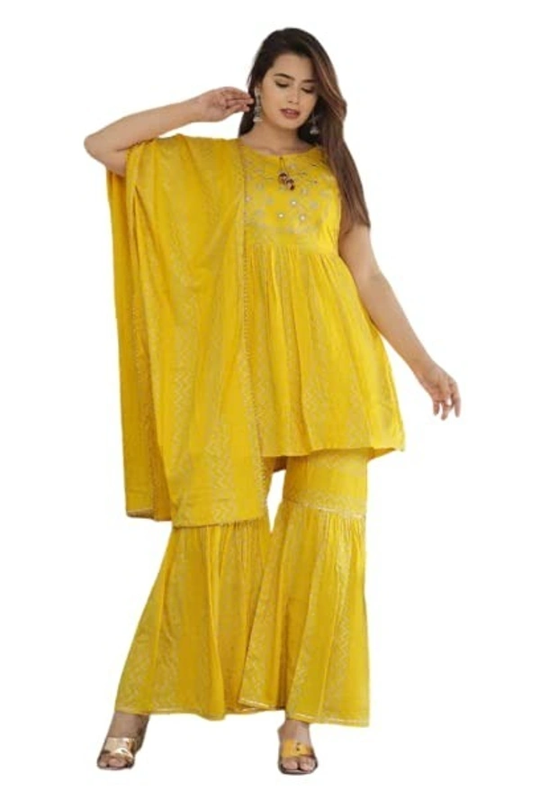 Women's Rayon Anarkali Kurta, Sharara And Dupatta Set (KP-001_Yellow_XL)