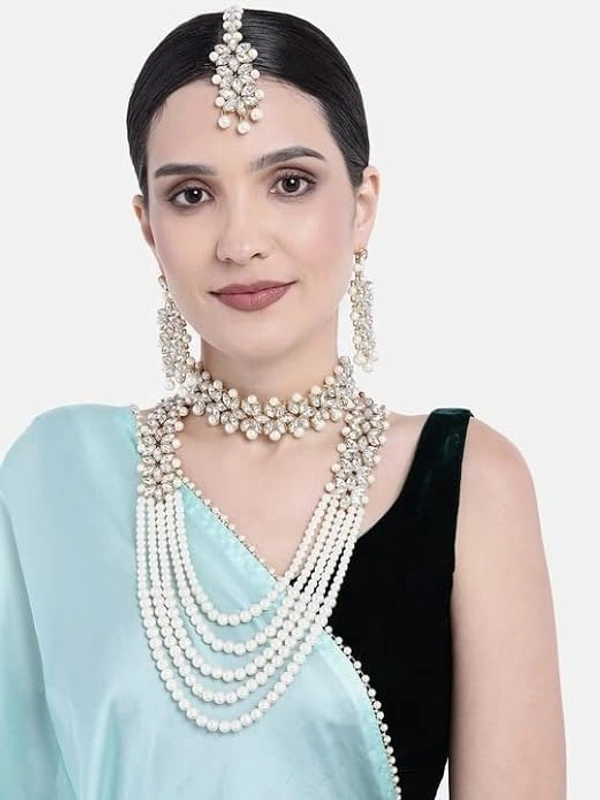 18K Gold Plated Traditional 5 Layers Kundan & Pearl Beaded Moti Raani Haar Necklace Jewellery Set For Women