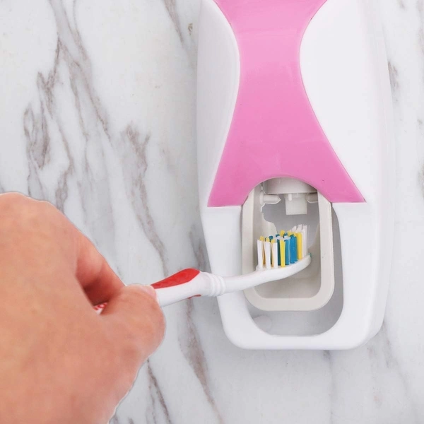 Automatic Toothpaste Dispenser with 5 Brush Holder, Fresh ABS Plastic Dust-Proof Wall Mounted Toothbrush Holder with Cover Storage Stand for Home Bathroom