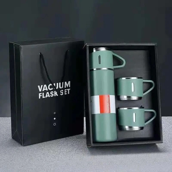 Vacuum Flask Set - 500ml with 3 Cups, Insulated Double Layer Thermos for Tea Coffee Water, Travel-Friendly, Ideal for Gifting - Green (Customizable)