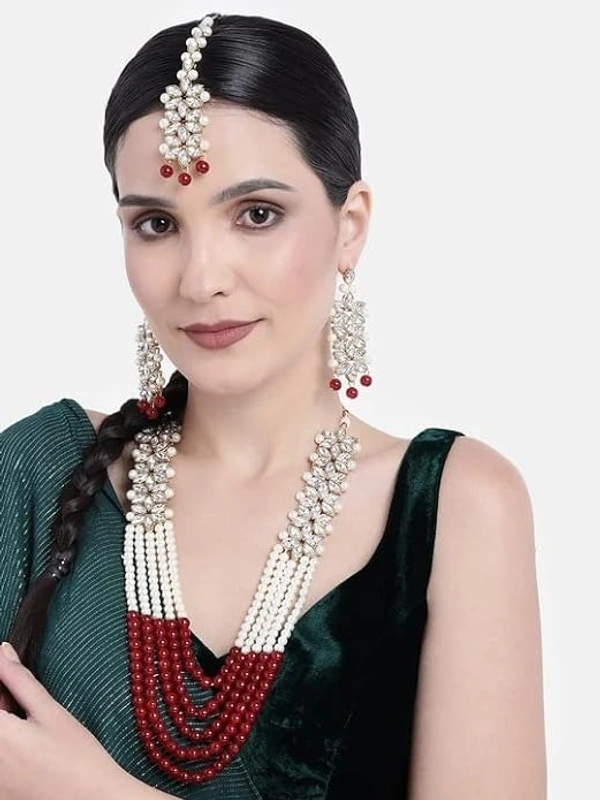 ewels 18K Gold Plated Traditional 5 Layers Kundan & Pearl Beaded Moti Raani Haar Necklace Jewellery Set For Women (ML164)