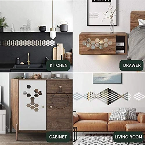 Hexagonal 20 silver mirror stickers for wall, acrylic wall decor mirror stickers for hall, bedroom, Kitchen (SilverNew, Unframed)