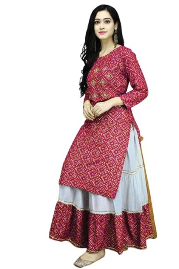 Women's Rayon Straight Kurti with Skirt Set Bandhani Foil Print Kurta Skirt for Girls, Diwali, Festival Puja. - S