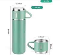 Vacuum Flask Set - 500ml with 3 Cups, Insulated Double Layer Thermos for Tea Coffee Water, Travel-Friendly, Ideal for Gifting - Green (Customizable)