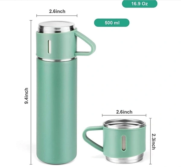 Vacuum Flask Set - 500ml with 3 Cups, Insulated Double Layer Thermos for Tea Coffee Water, Travel-Friendly, Ideal for Gifting - Green (Customizable)