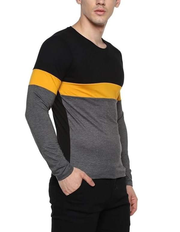 Black, Yellow, Grey Round Neck Full Sleeve Cotton T-Shirt