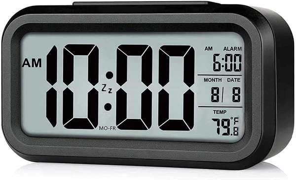 Digital Alarm Clock for Students Calendar Snooze with Automatic Sensor Light Smart Battery Operated Date and Temperature, Loud Study Table Watch, Home and Office (Black)