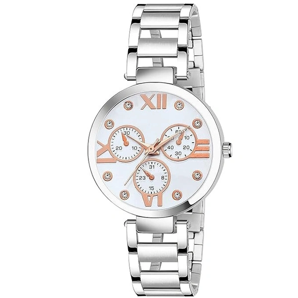 Alluring Analogue White Dial Silver Stainless Steel Strap Graceful Stylish Wrist Watch for Women, Pack of 1 - TTN-SIL-MINA-WH