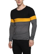 Black, Yellow, Grey Round Neck Full Sleeve Cotton T-Shirt