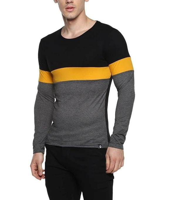 Black, Yellow, Grey Round Neck Full Sleeve Cotton T-Shirt