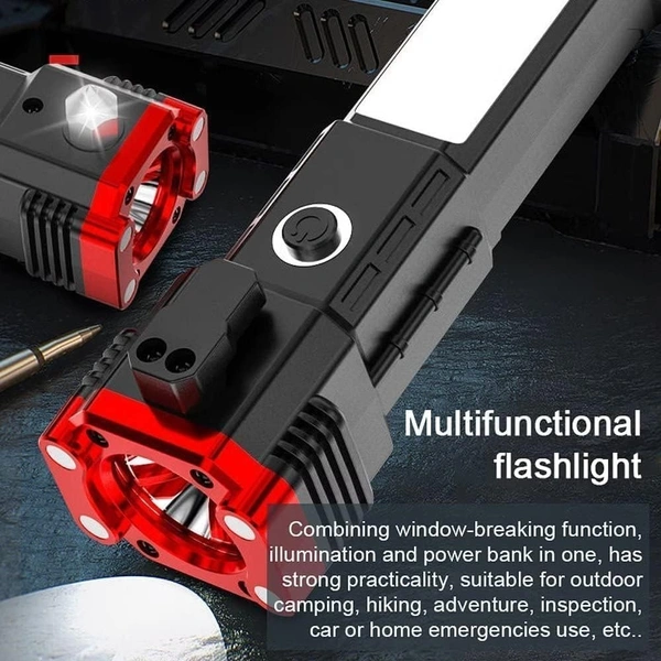 Portable Rechargeable Torch LED Flashlight Long Distance Beam Range with Power Bank, Hammer and Strong Magnets,Car Rescue Torch with Hammer Window Glass