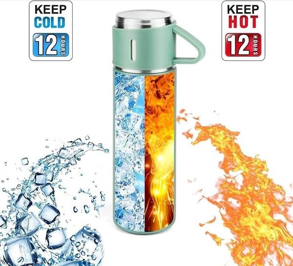 Vacuum Flask Set - 500ml with 3 Cups, Insulated Double Layer Thermos for Tea Coffee Water, Travel-Friendly, Ideal for Gifting - Green (Customizable)