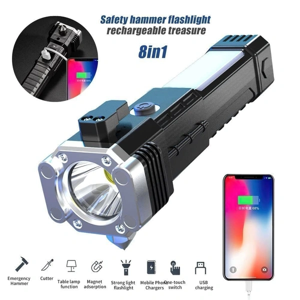 Portable Rechargeable Torch LED Flashlight Long Distance Beam Range with Power Bank, Hammer and Strong Magnets,Car Rescue Torch with Hammer Window Glass