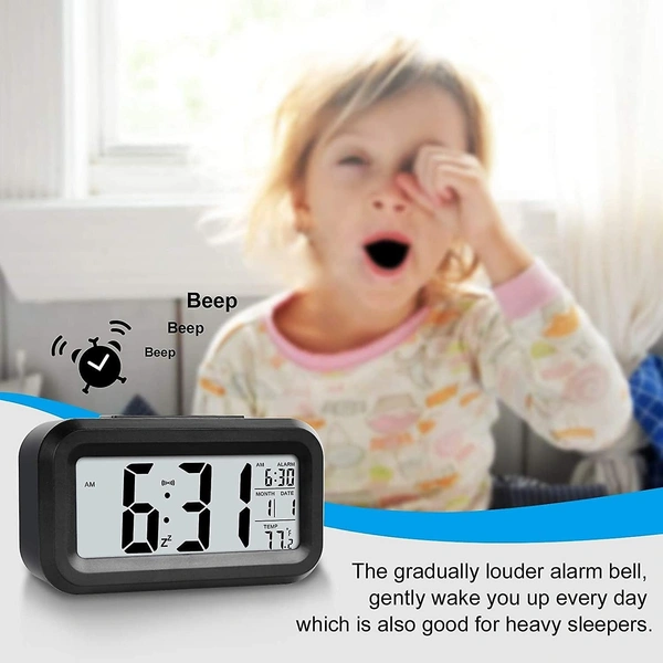 Digital Alarm Clock for Students Calendar Snooze with Automatic Sensor Light Smart Battery Operated Date and Temperature, Loud Study Table Watch, Home and Office (Black)