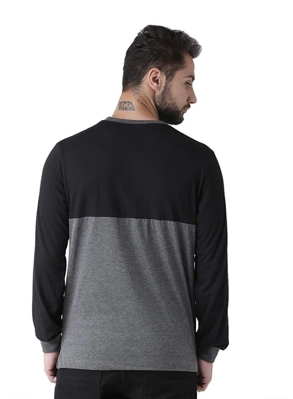 Men's Dual Colour Full Sleeves Round Neck Cotton Blend T-Shirt(Black::Dark Grey Melange)