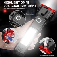 Portable Rechargeable Torch LED Flashlight Long Distance Beam Range with Power Bank, Hammer and Strong Magnets,Car Rescue Torch with Hammer Window Glass