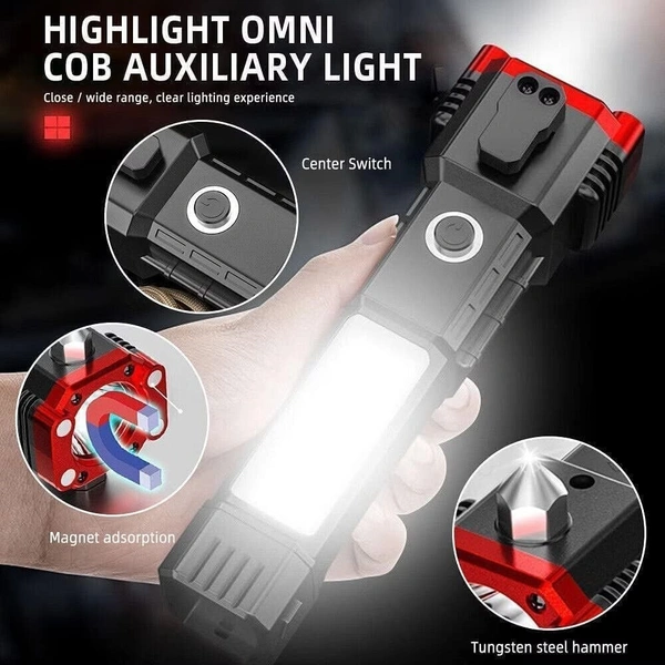 Portable Rechargeable Torch LED Flashlight Long Distance Beam Range with Power Bank, Hammer and Strong Magnets,Car Rescue Torch with Hammer Window Glass