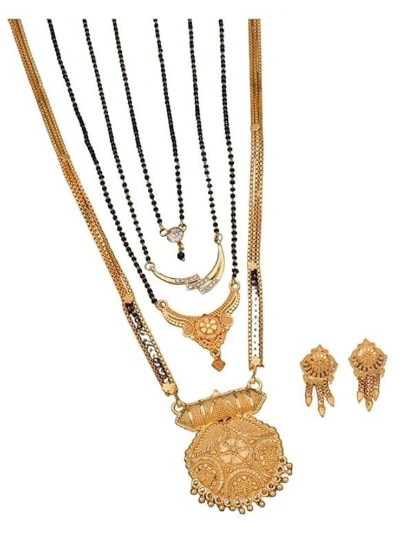 Women's Brass Gold Planted Latest Black Beads Mangalsutra-Pack of 4 with 1Earring Set 