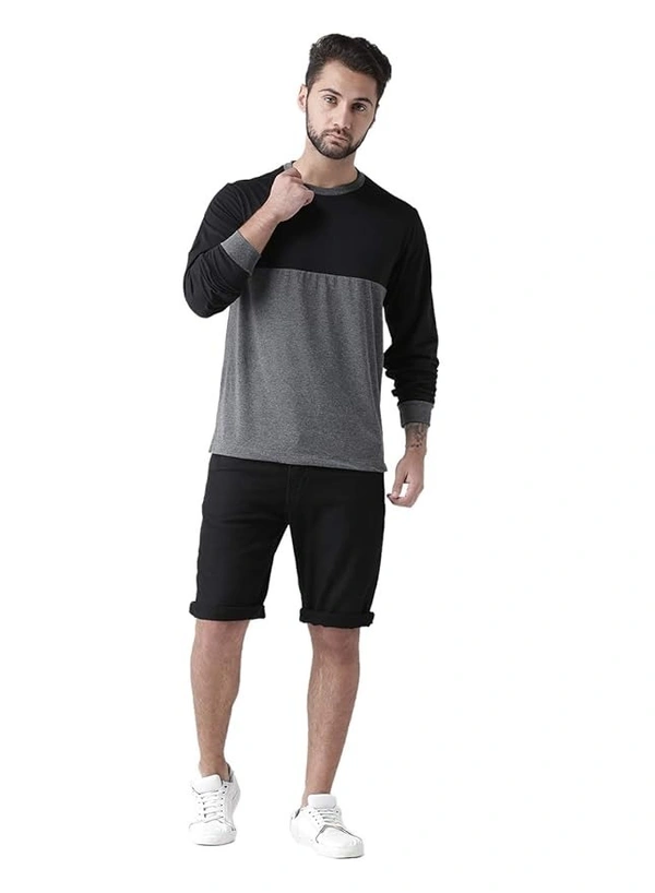 Men's Dual Colour Full Sleeves Round Neck Cotton Blend T-Shirt(Black::Dark Grey Melange)