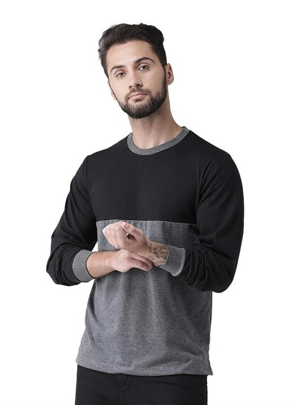 Men's Dual Colour Full Sleeves Round Neck Cotton Blend T-Shirt(Black::Dark Grey Melange)