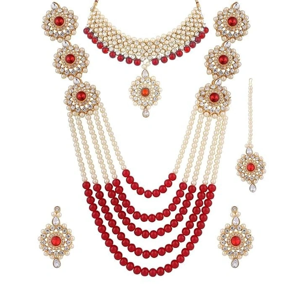 Beautiful Red Long moti necklace with choker, earring, maang tikka