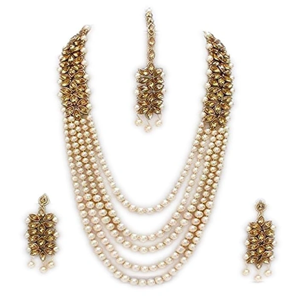 Gold Traditional Kundan Pearl Necklace Set with Earrings for Women