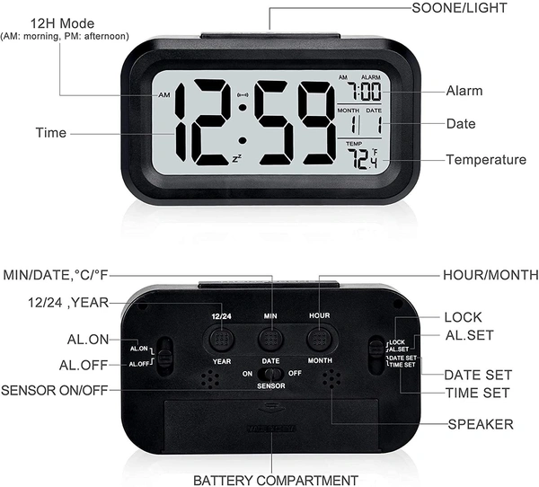 Digital Alarm Clock for Students Calendar Snooze with Automatic Sensor Light Smart Battery Operated Date and Temperature, Loud Study Table Watch, Home and Office (Black)