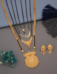 Women's Brass Gold Planted Latest Black Beads Mangalsutra-Pack of 4 with 1Earring Set 