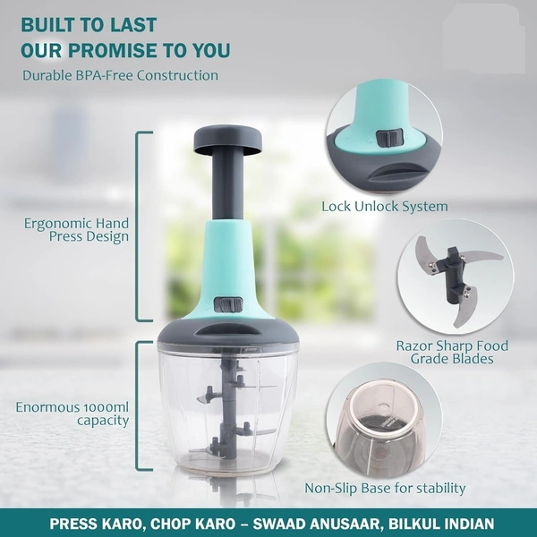 Premium Manual Food Chopper 1000ml, Manual Hand Press Chopper With Super Sharp Blades To Cut Onion, Tomatoes, All Vegetables, All Fruits, Ultra Durable Chopper For Kitchen